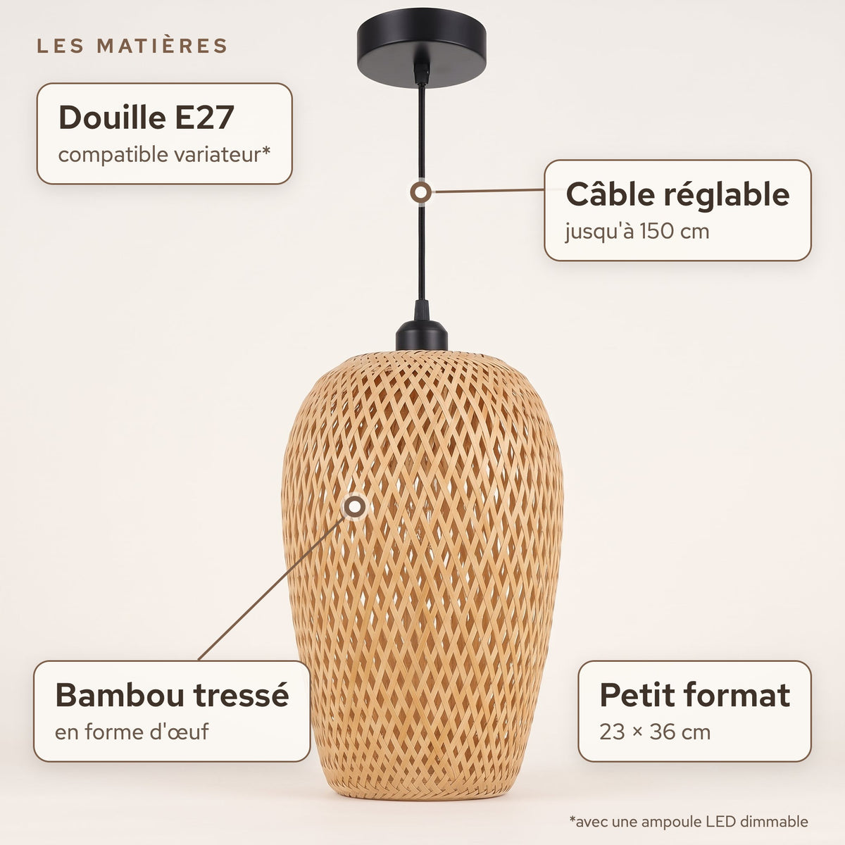 Matières de la suspension en bambou ovoïde 23 × 36 cm : Bambou tressé en forme d'œuf, douille E27