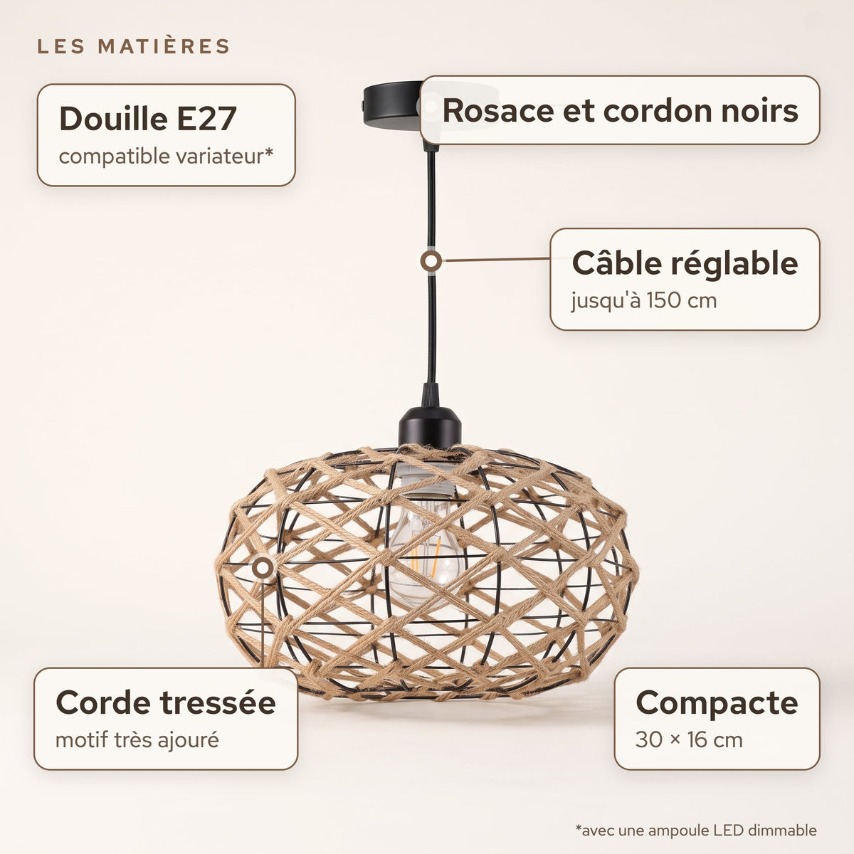 Matières de la suspension boule ajourée en corde tressée 30 cm : Corde tressée motif très ajouré, Rosace et cordon noirs, douille E27
