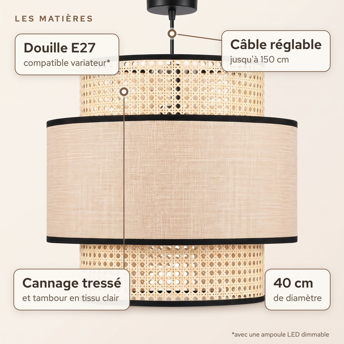 Matières de la suspension cannage et tissu à étages 40 cm, liserés noirs : Cannage tressé et tambour en tissu clair, douille E27