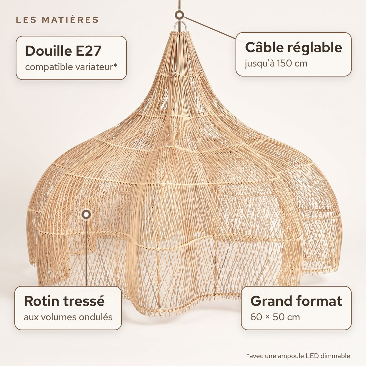 Matières de la grande suspension en rotin forme citrouille 60 cm : Rotin tressé aux volumes ondulés, douille E27