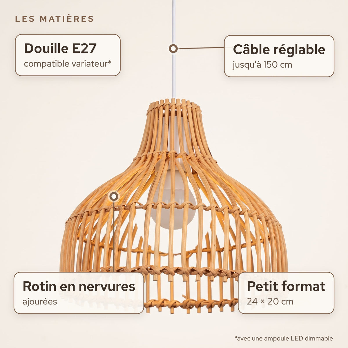 Matières de la suspension en rotin cloche à nervures 24 cm : Rotin en nervures ajourées, douille E27
