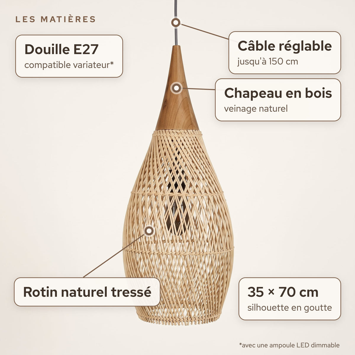 Matières de la suspension en rotin goutte 35 × 70 cm, chapeau en bois : Rotin naturel tressé, Chapeau en bois veinage naturel, douille E27