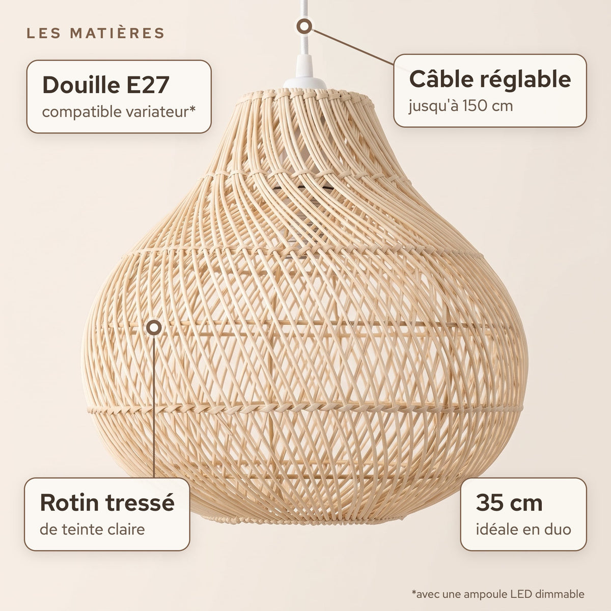 Matières de la suspension en rotin forme oignon 35 cm : Rotin tressé de teinte claire, douille E27