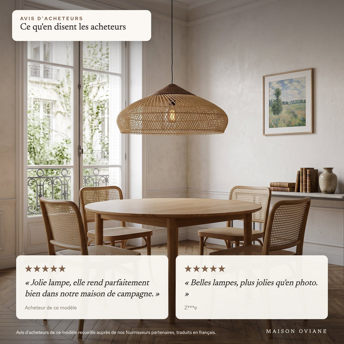 Avis d'acheteurs de ce modèle : suspension en rotin plate avec chapeau en bois, 40 ou 60 cm